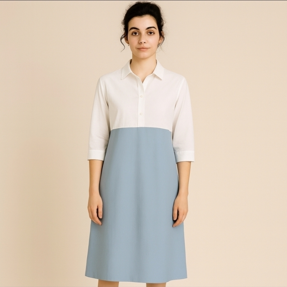 Hubert Gasser Made in Italy Colorblock Cotton Shirtdress White Blue